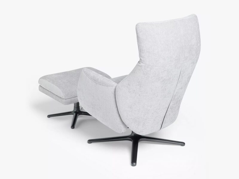 Grey fabric upholstered recliner rear view