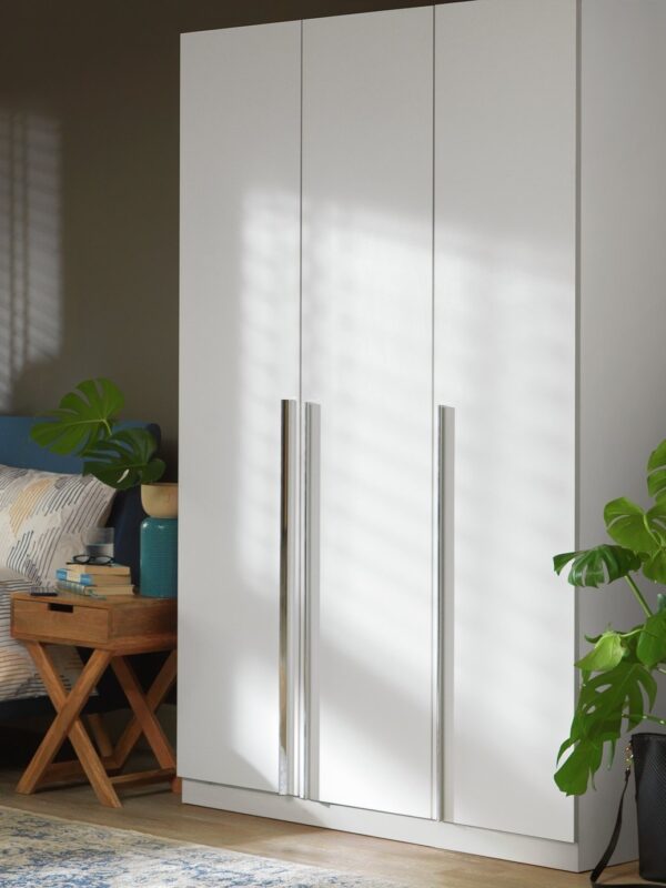 White 3-door wardrobe with bar handles