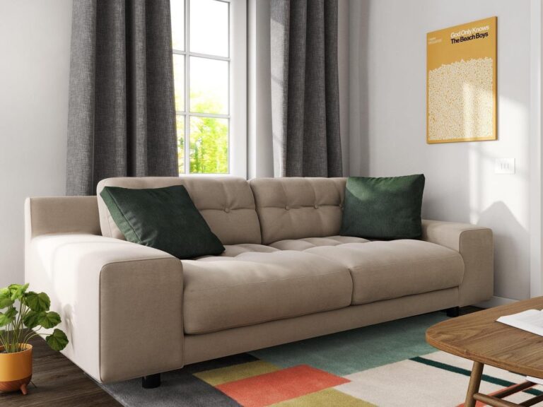 Natural velvet upholstered 3-seater sofa