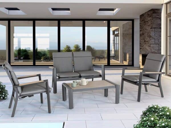 Grey metal garden furniture with grey cushions