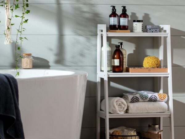 White-painted bathroom ladder shelf