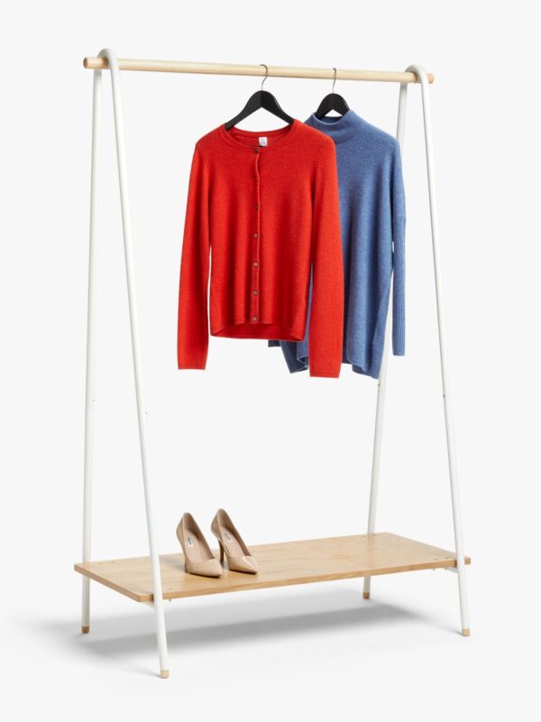 Clothes rail with white tubular metal frame and ash wood shelf