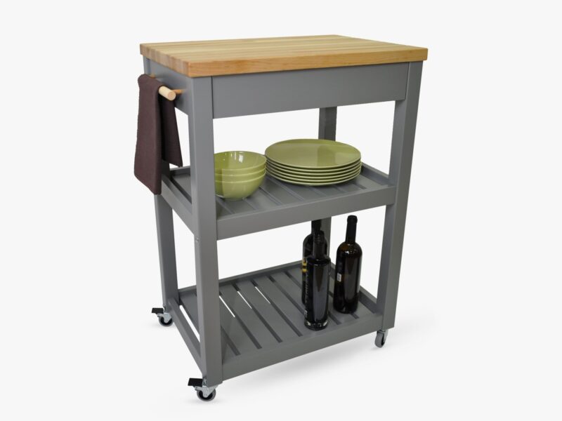 Grey-painted trolley with a single drawer and 2 slatted shelves