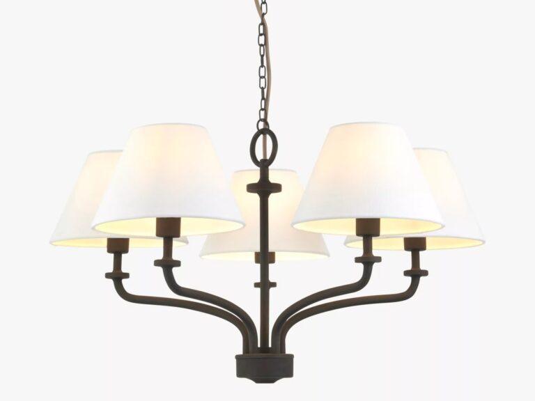 Black metal ceiling light fitting with 5 cream coloured shades