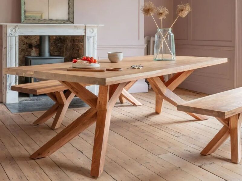 Oak dining table and benches