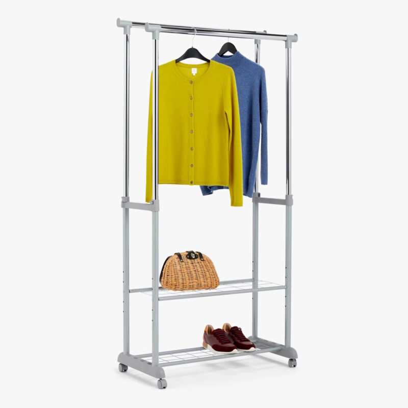 Double height-adjustable hanging rail with two shelves