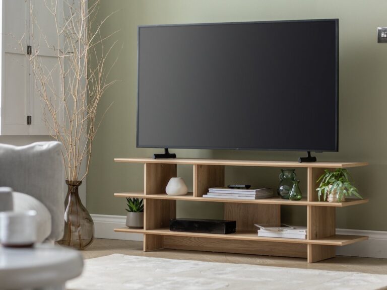 3-tier TV unit with oak finish