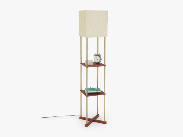 Floor standing lamp with 2 walnut shelves and a brass finish frame