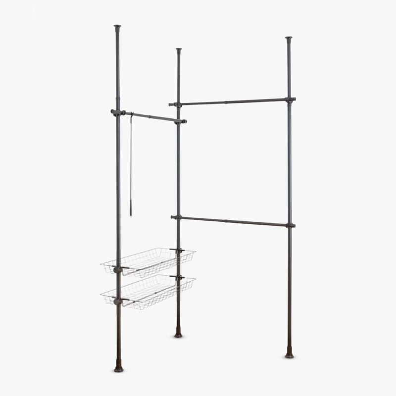 Double clothes stand with 3 hanging rails and two wire shelf baskets