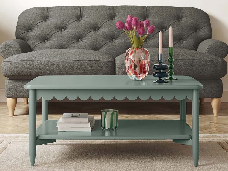 Green-painted coffee table with scallop detailing