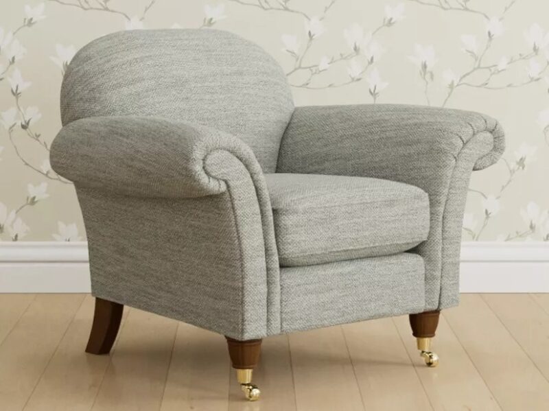 Dove grey fabric upholstered armchair with wooden legs