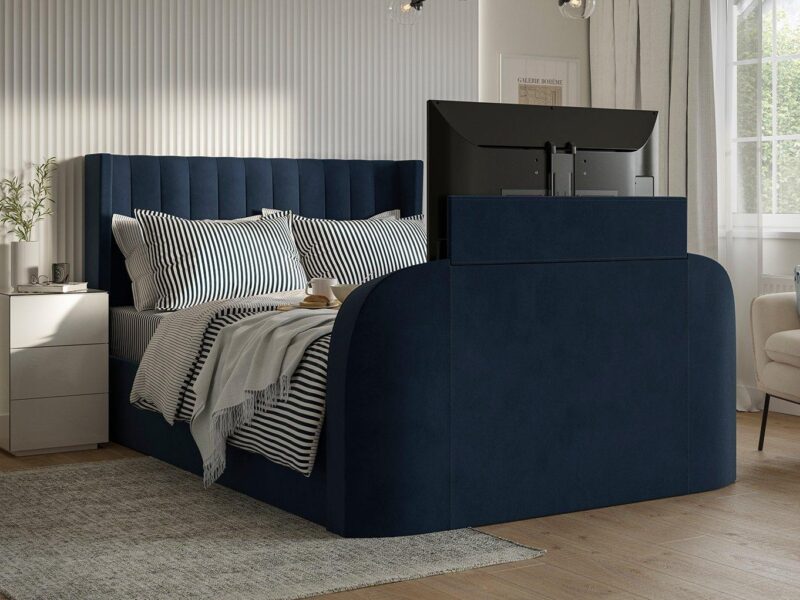 Navy fabric upholstered TV bed