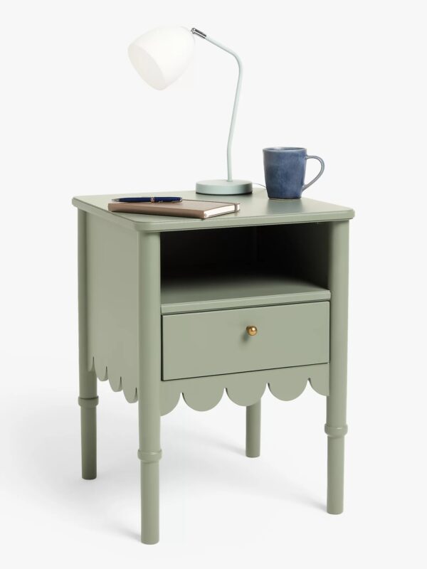 Green painted bedside table with scallop edge detail