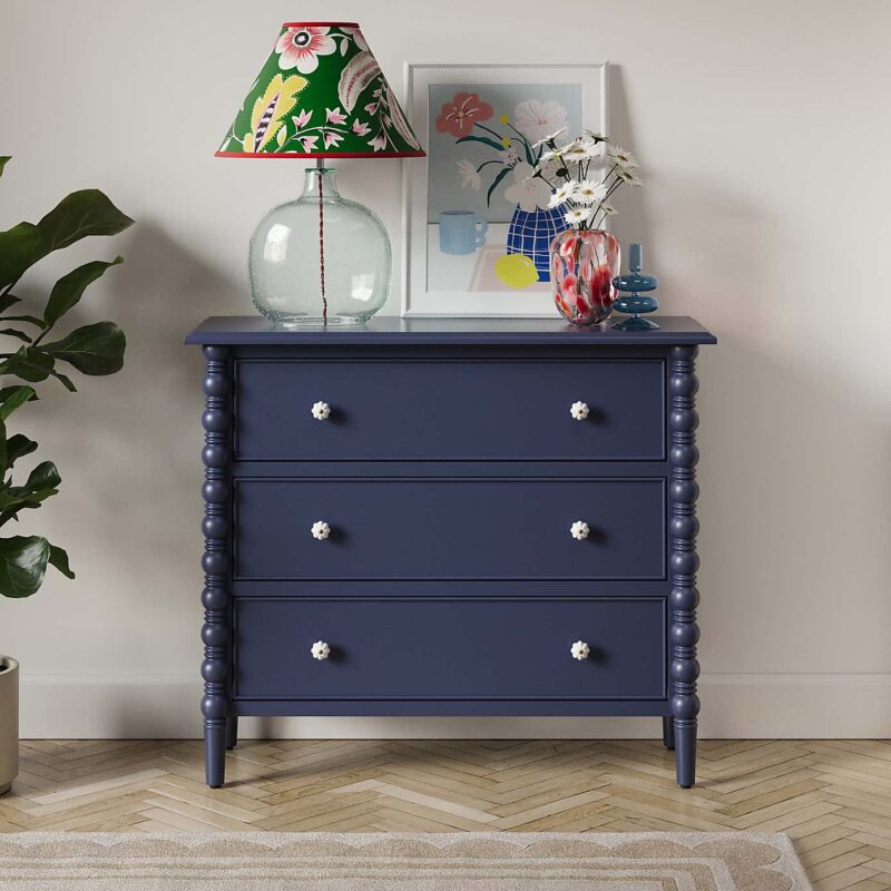 Navy 3-drawer chest with turned legs and frame