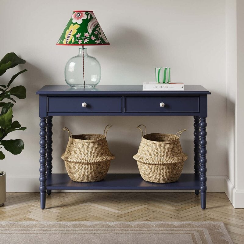 Navy console table with turned legs