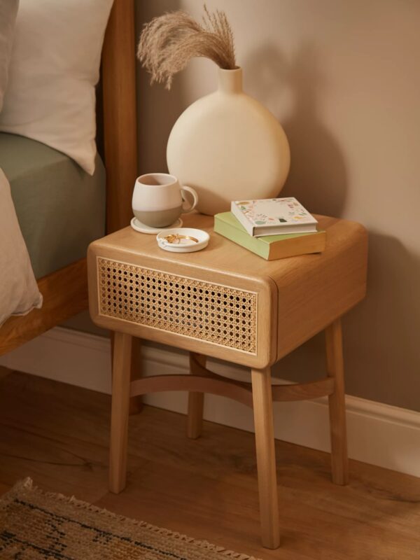 Oak bedside with rattan drawer