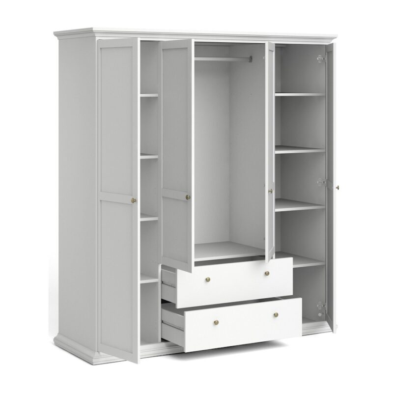 White 4 door wardrobe with drawers and shelving