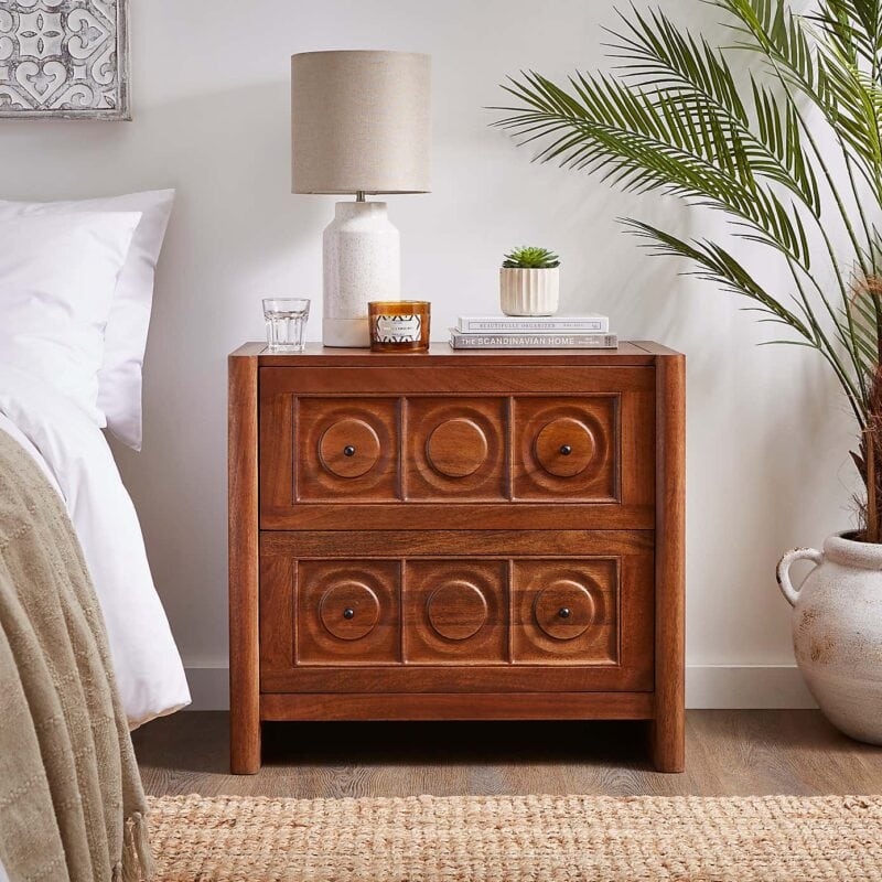 Brown mango wood 2-drawer bedside table