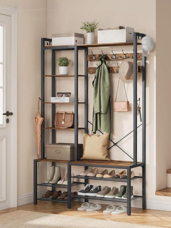 Combined hallway unit with shoe bench, coat stand and shelving