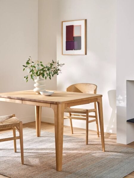 Extending oak dining table, bench and chairs