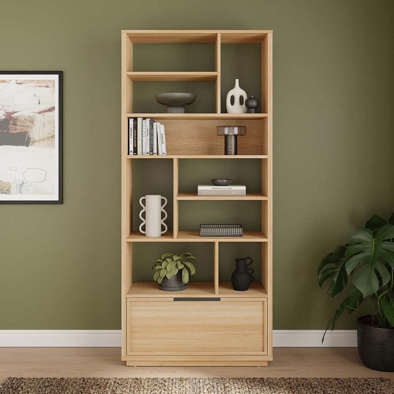 Oak finish bookcase with drawer