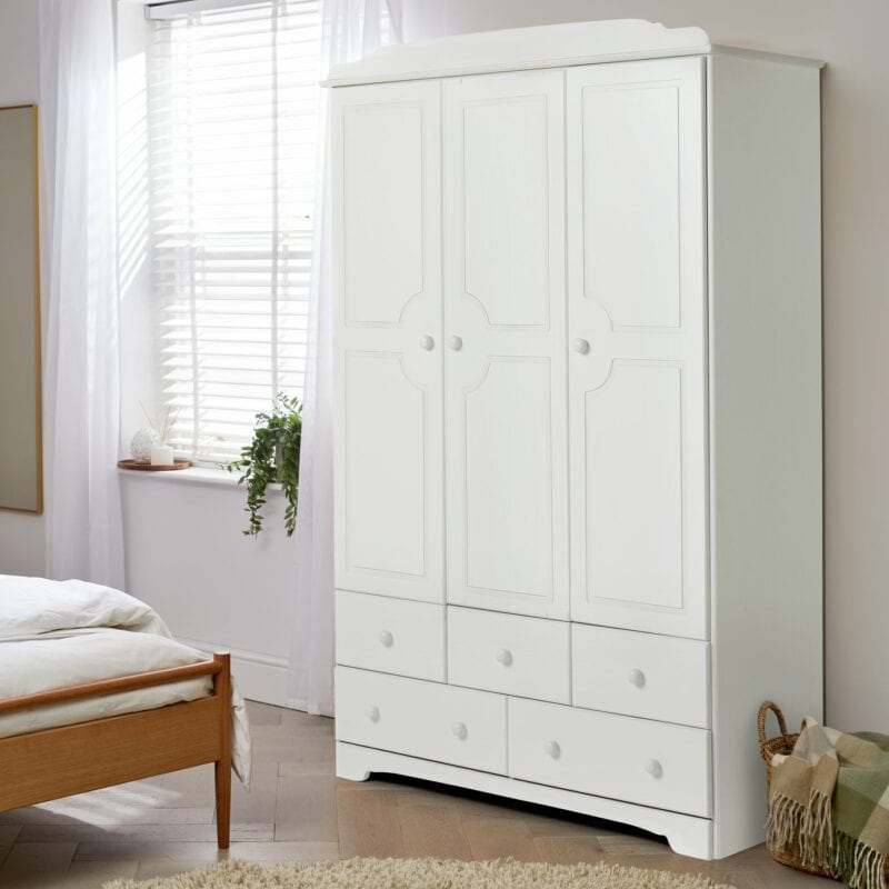 White 3 door wardrobe with 5 drawers