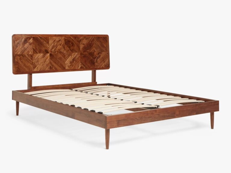 Acacia bed frame with marquetry pattern headboard