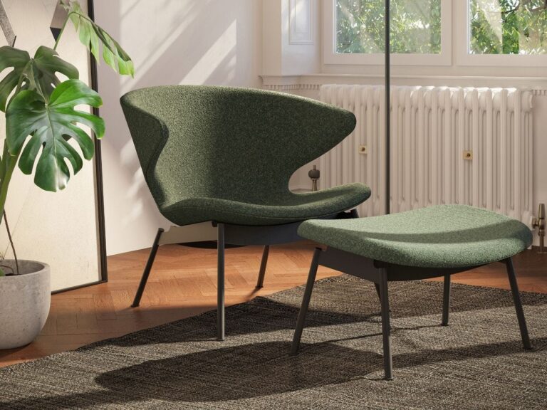 Curved moss green chair with footstool