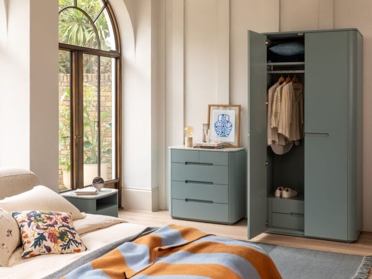 Contemporary satin-blue bedroom furniture