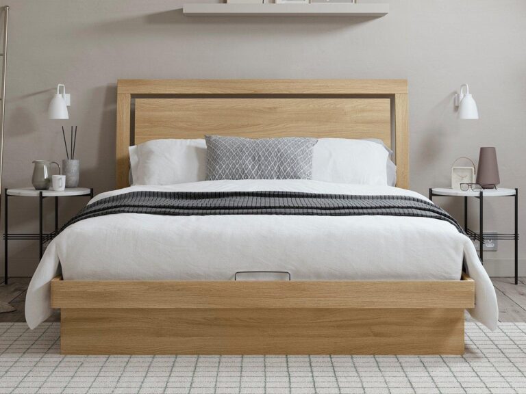 Contemporary storage bed with oak finish frame