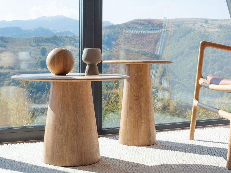 Round oak side tables with conical pedestal base