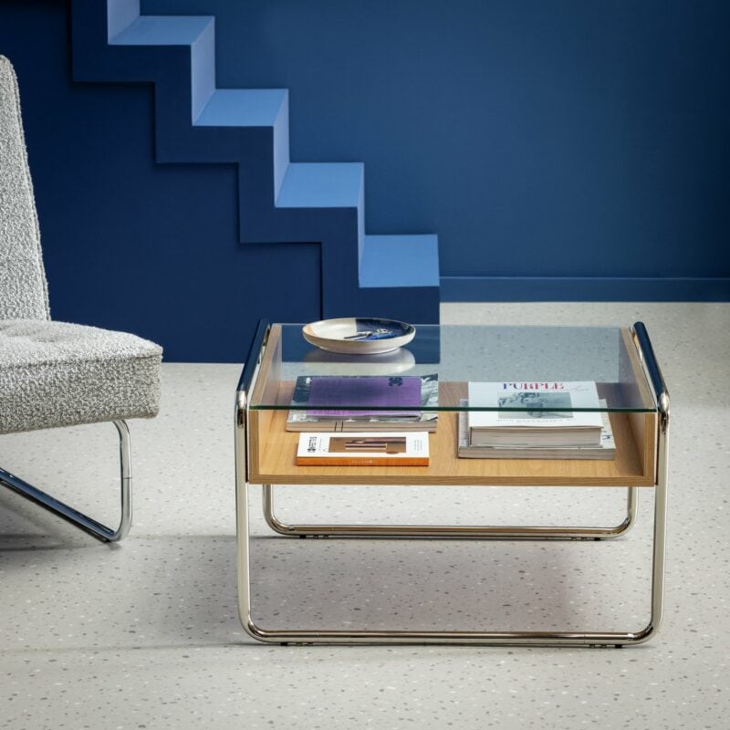 Oak and glass coffee table with polished metal frame