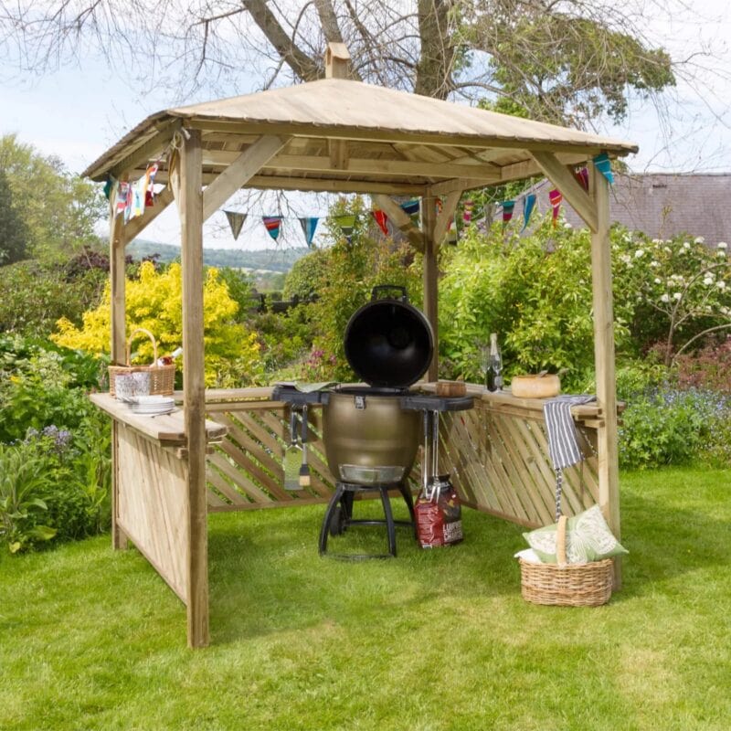 Outdoor BBQ shelter with wooden frame