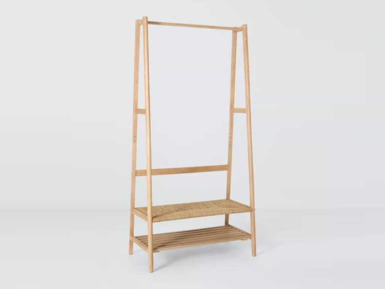 Wooden clothes rail with woven shelf and slatted shelf