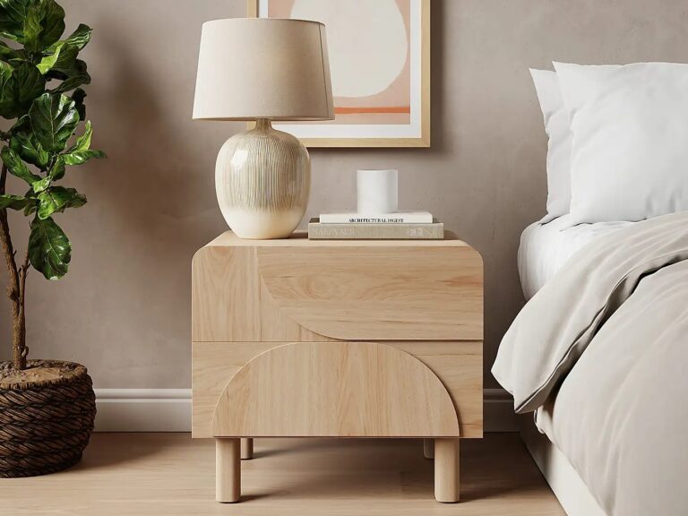 Oak bedside table with curved profile decorative drawer fronts