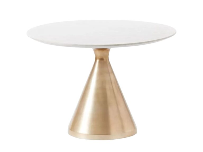 Round dining table with white marble top and brass finish conical base