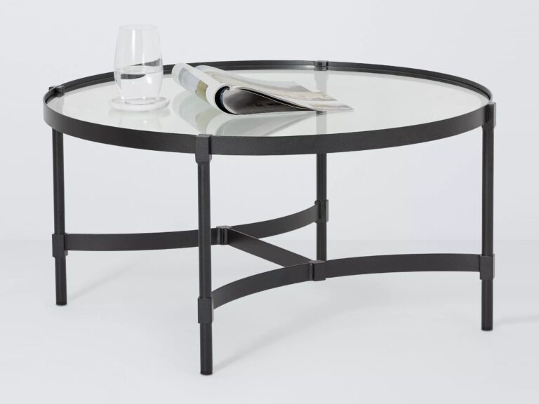 Round glass top coffee table with black metal frame