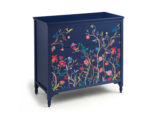 Navy blue drawer chest with floral decoration