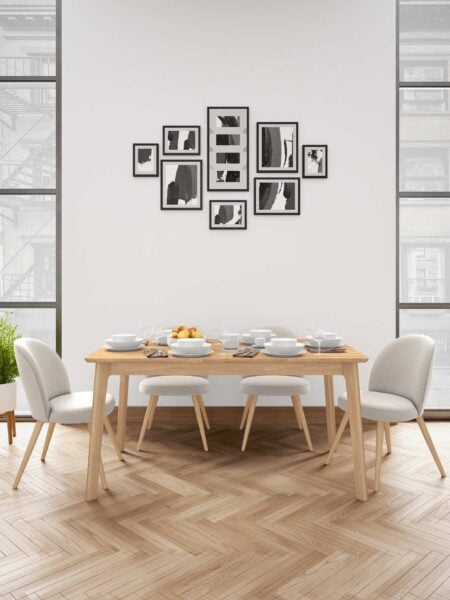 Oak dining table and grey fabric upholstered chair