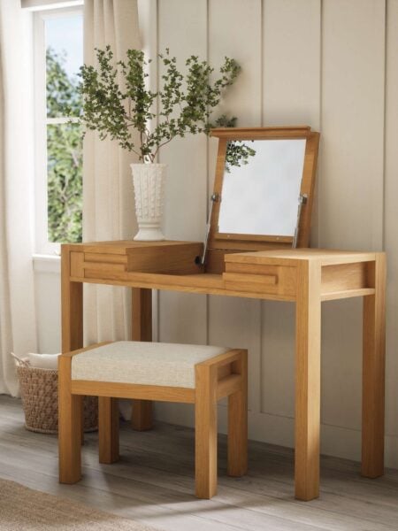 Oak dressing table with integral mirror and matching stool