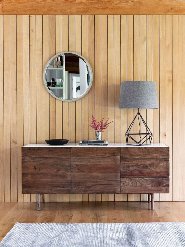 Dark-stained acacia sideboard with a white marble top