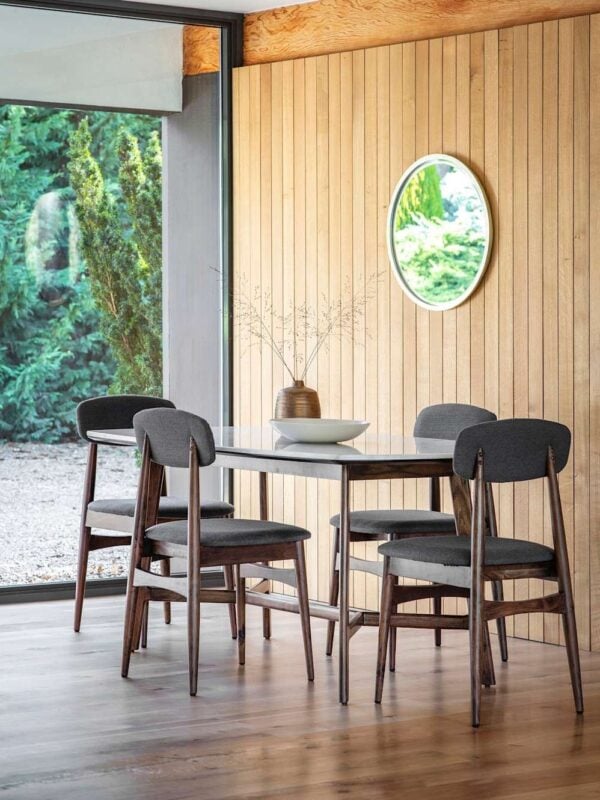 Dark-stained acacia dining table and 4 matching chairs