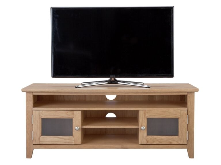 Oak finish tv unit with 2 doors and 3 open shelves