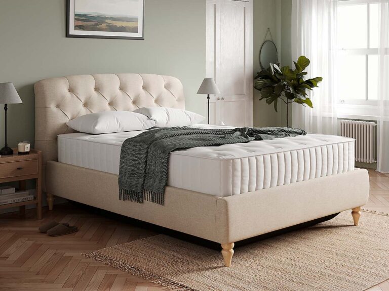 Natural fabric upholstered bed frame with buttoned headboard