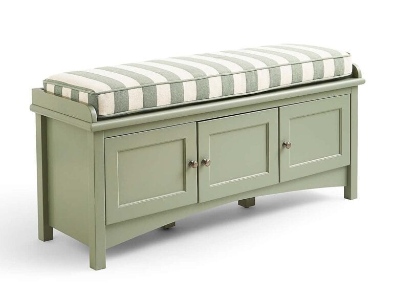 Green storage bench with cushion seat