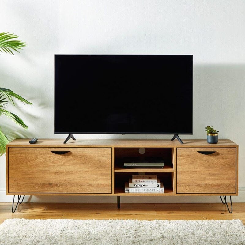 Wide oak tv unit with 2 open shelves, a cupboard door and a drop-down cupboard door