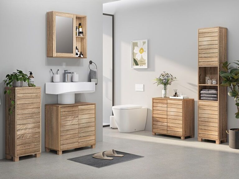 Slatted oak bathroom cabinets