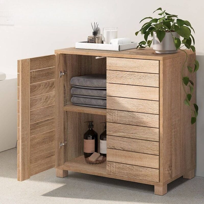 Oak slatted bathroom floor cabinet
