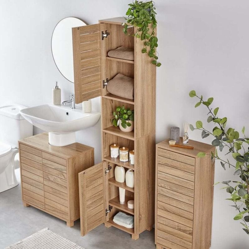 Oak slatted tallboy unit