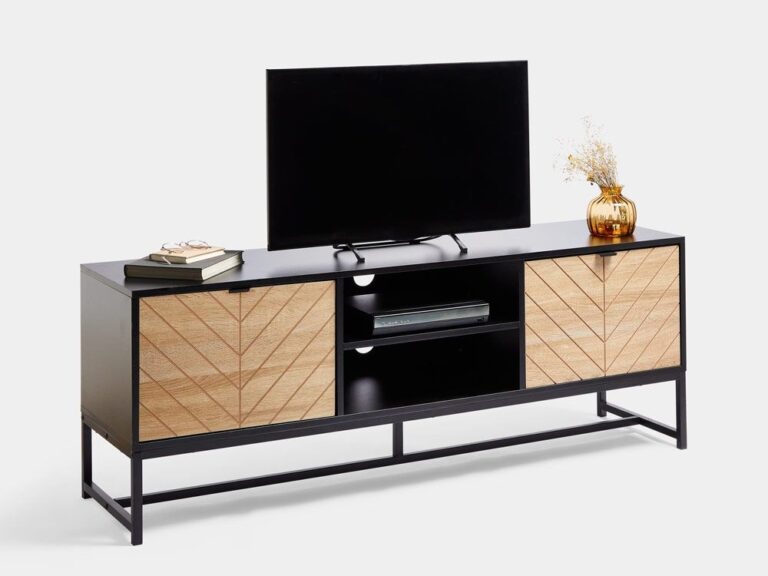 Black tv unit with a pair of oak chevron pattern doors